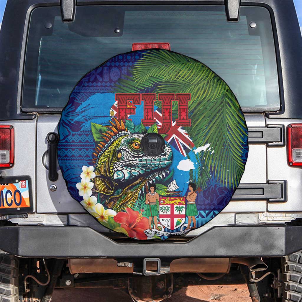 Fiji Iguana-Coat of Arms Spare Tire Cover with Hibiscus and Plumeria Palm Tree Tapa Art