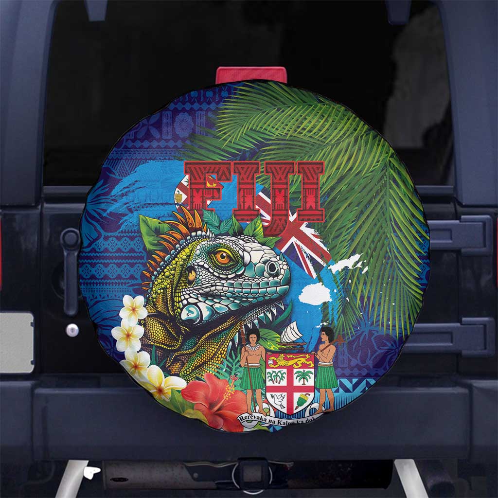 Fiji Iguana-Coat of Arms Spare Tire Cover with Hibiscus and Plumeria Palm Tree Tapa Art