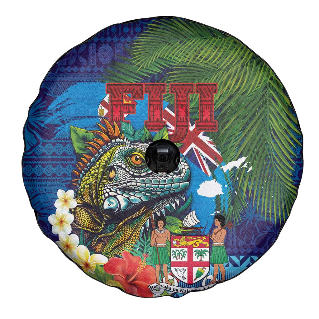 Fiji Iguana-Coat of Arms Spare Tire Cover with Hibiscus and Plumeria Palm Tree Tapa Art