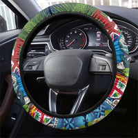 Fiji Iguana-Coat of Arms Steering Wheel Cover with Hibiscus and Plumeria Palm Tree Tapa Art
