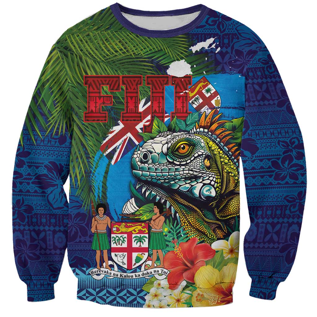 Fiji Iguana-Coat of Arms Sweatshirt with Hibiscus and Plumeria Palm Tree Tapa Art