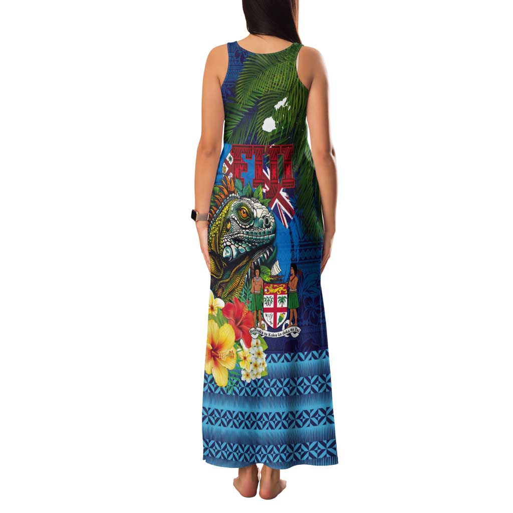 Fiji Iguana-Coat of Arms Tank Maxi Dress with Hibiscus and Plumeria Palm Tree Tapa Art