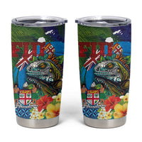 Fiji Iguana-Coat of Arms Tumbler Cup with Hibiscus and Plumeria Palm Tree Tapa Art LT03 Blue - Polynesian Pride