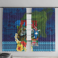 Fiji Iguana-Coat of Arms Window Curtain with Hibiscus and Plumeria Palm Tree Tapa Art