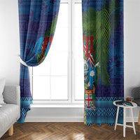 Fiji Iguana-Coat of Arms Window Curtain with Hibiscus and Plumeria Palm Tree Tapa Art