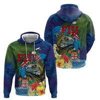 Fiji Iguana-Coat of Arms Zip Hoodie with Hibiscus and Plumeria Palm Tree Tapa Art