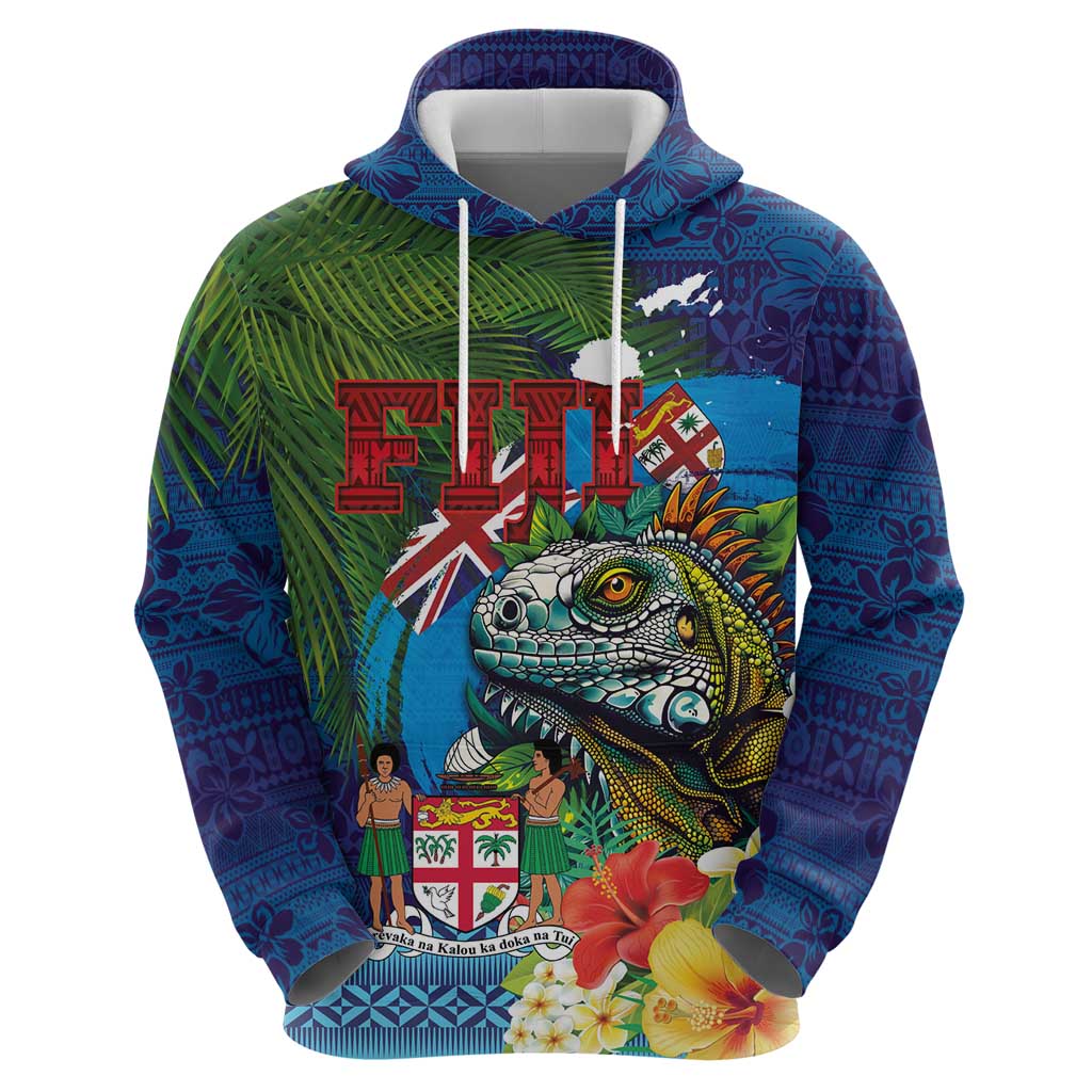 Fiji Iguana-Coat of Arms Zip Hoodie with Hibiscus and Plumeria Palm Tree Tapa Art