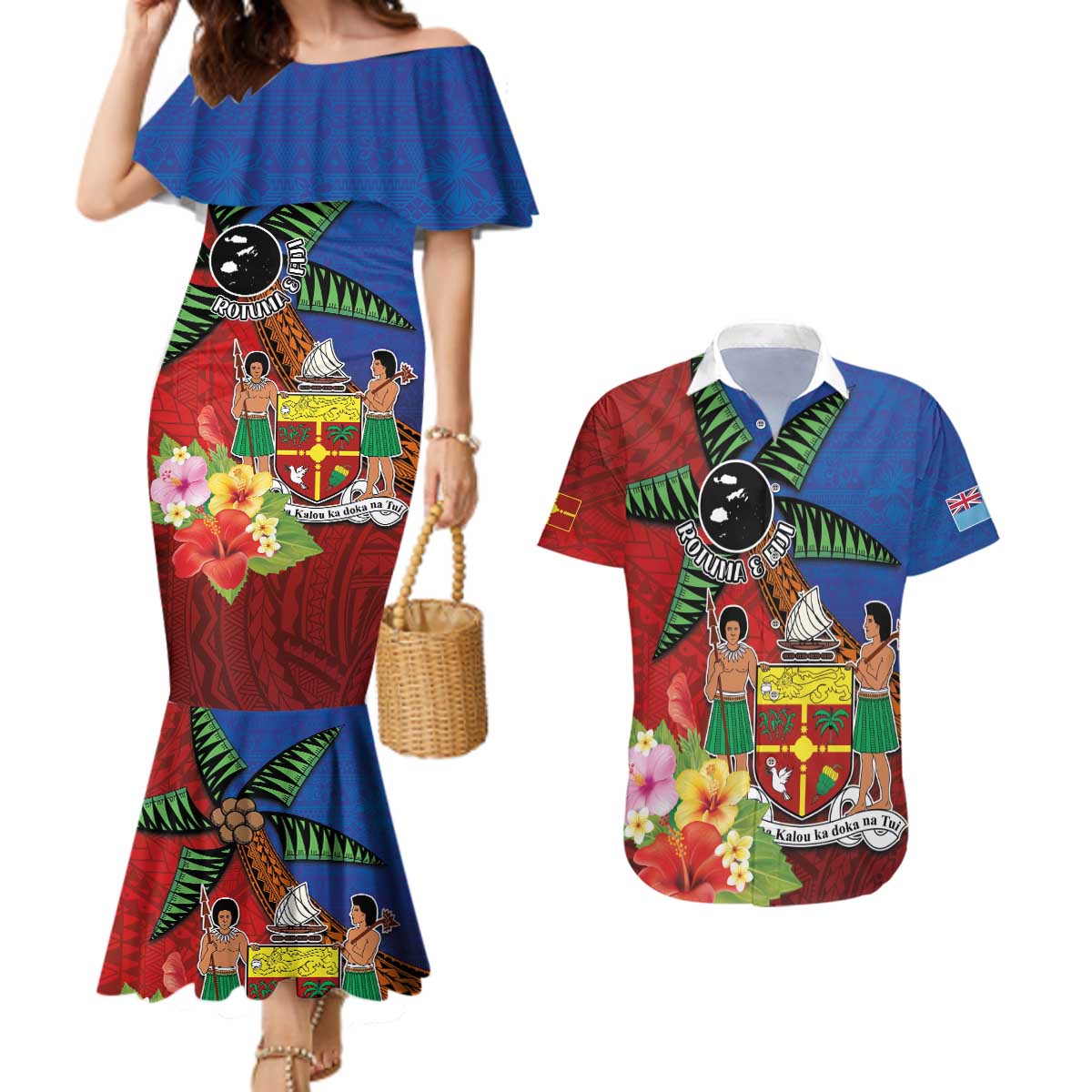 Personalised Fiji and Rotuma Together Couples Matching Mermaid Dress and Hawaiian Shirt Fjian Masi and Pacific Pattern Mix Culture