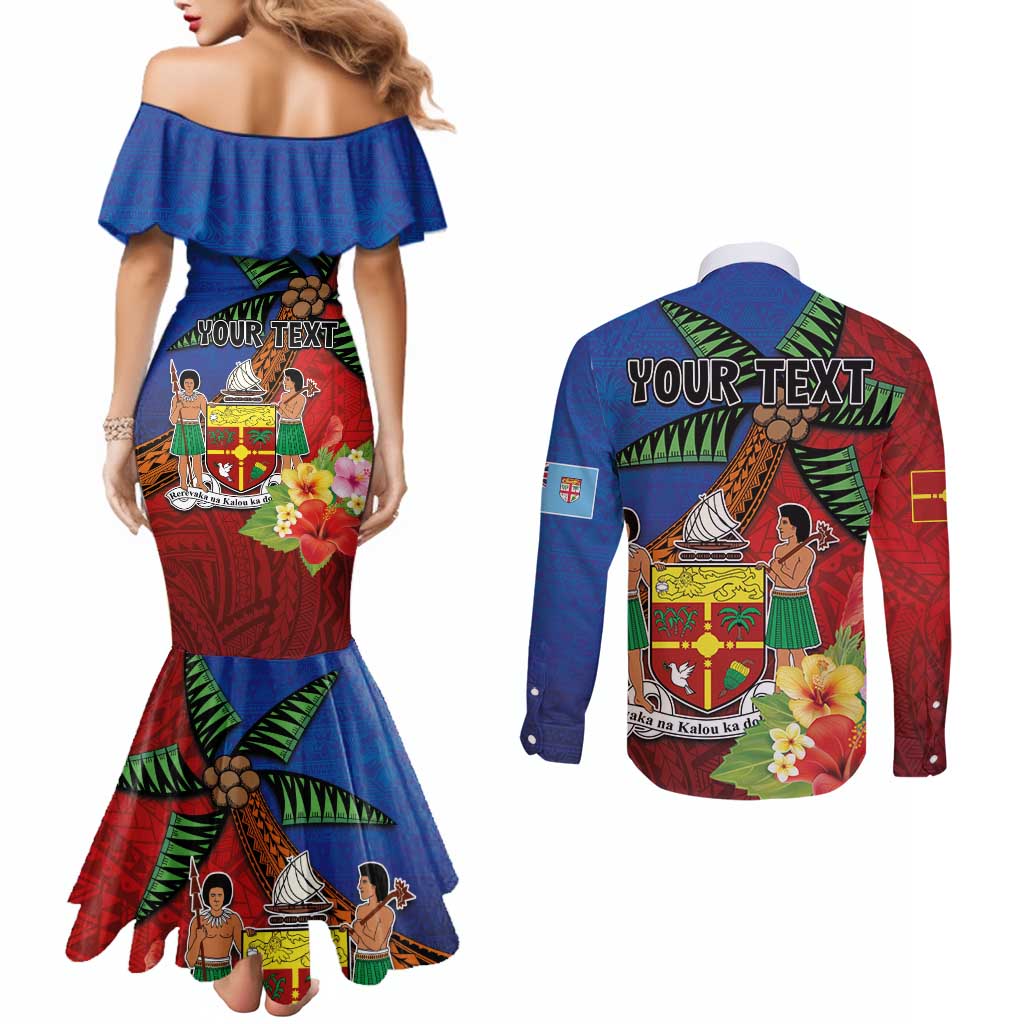 Personalised Fiji and Rotuma Together Couples Matching Mermaid Dress and Long Sleeve Button Shirt Fjian Masi and Pacific Pattern Mix Culture