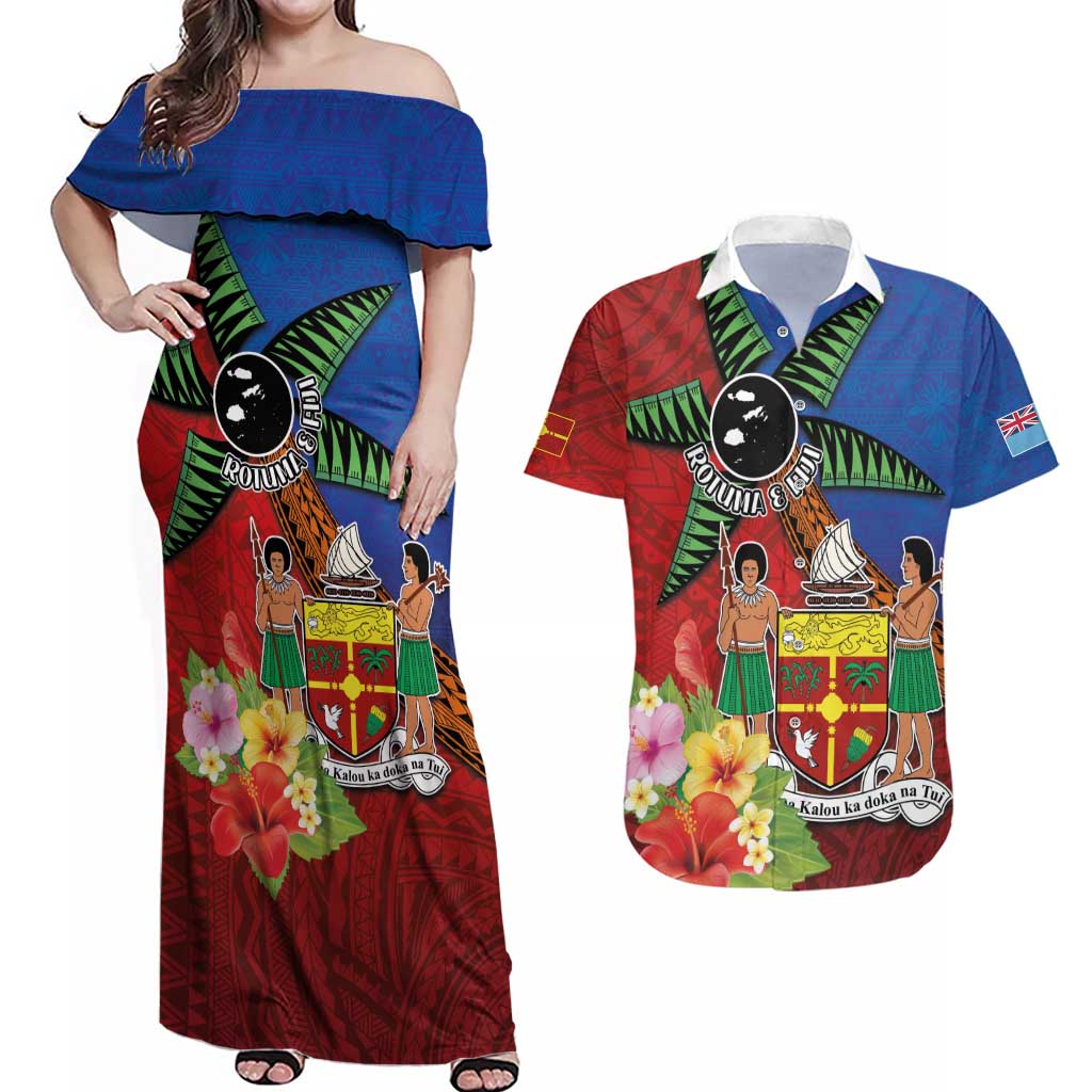 Personalised Fiji and Rotuma Together Couples Matching Off Shoulder Maxi Dress and Hawaiian Shirt Fjian Masi and Pacific Pattern Mix Culture