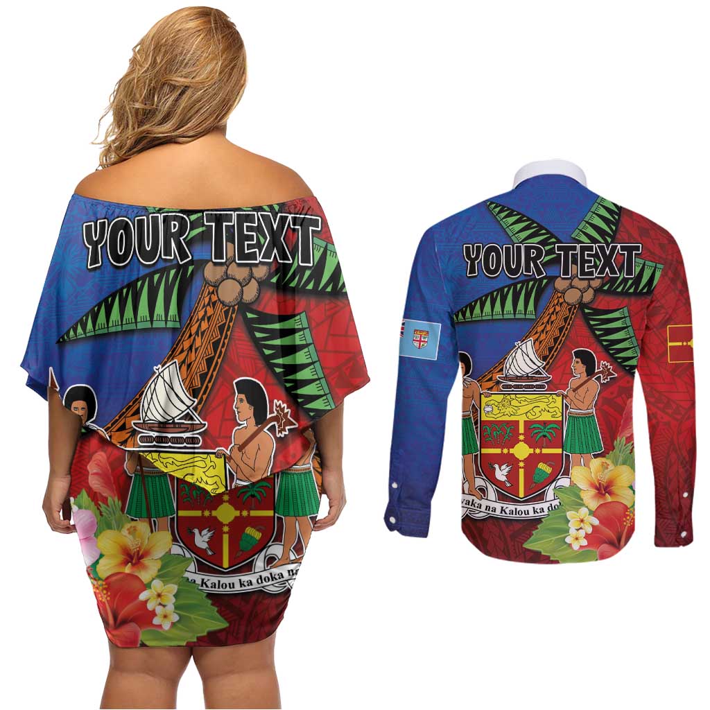 Personalised Fiji and Rotuma Together Couples Matching Off Shoulder Short Dress and Long Sleeve Button Shirt Fjian Masi and Pacific Pattern Mix Culture