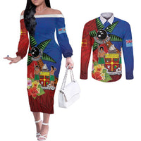 Personalised Fiji and Rotuma Together Couples Matching Off The Shoulder Long Sleeve Dress and Long Sleeve Button Shirt Fjian Masi and Pacific Pattern Mix Culture