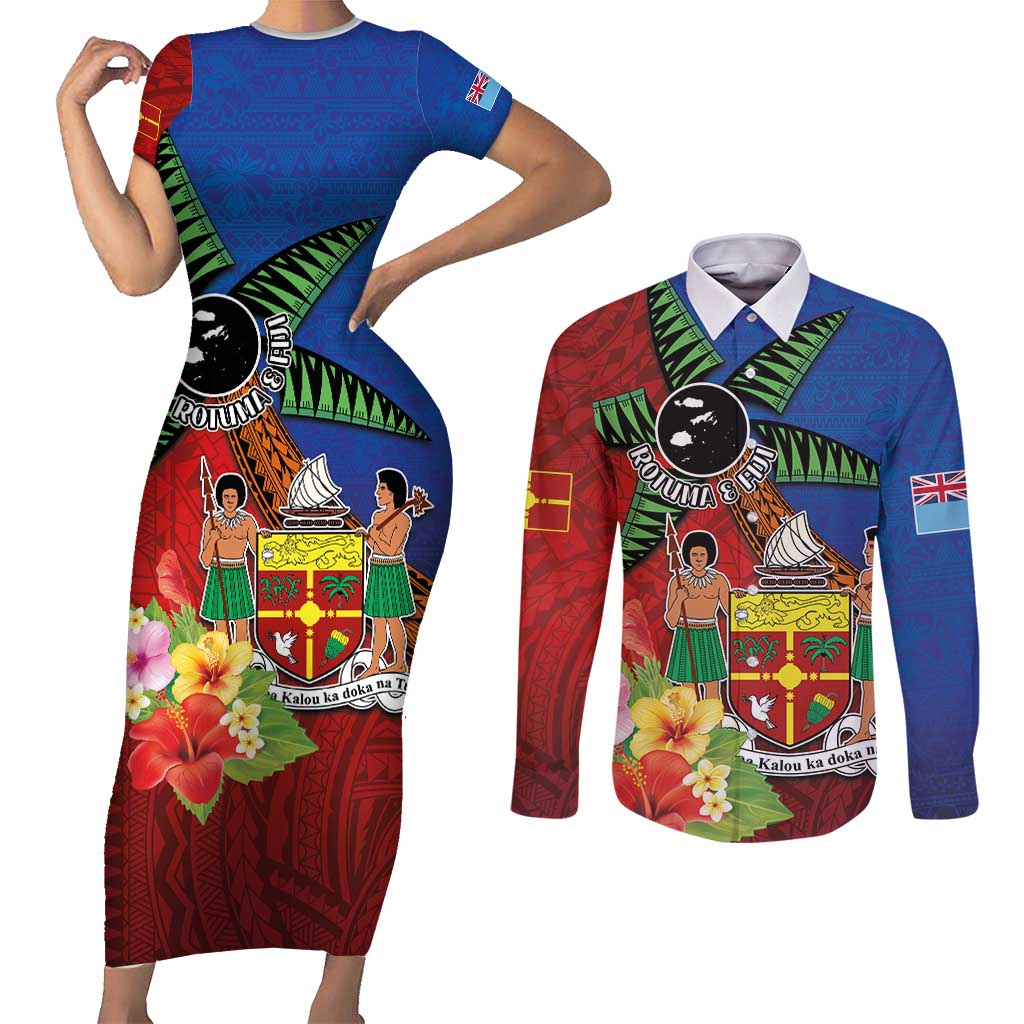Personalised Fiji and Rotuma Together Couples Matching Short Sleeve Bodycon Dress and Long Sleeve Button Shirt Fjian Masi and Pacific Pattern Mix Culture