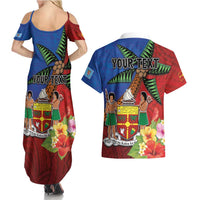 Personalised Fiji and Rotuma Together Couples Matching Summer Maxi Dress and Hawaiian Shirt Fjian Masi and Pacific Pattern Mix Culture