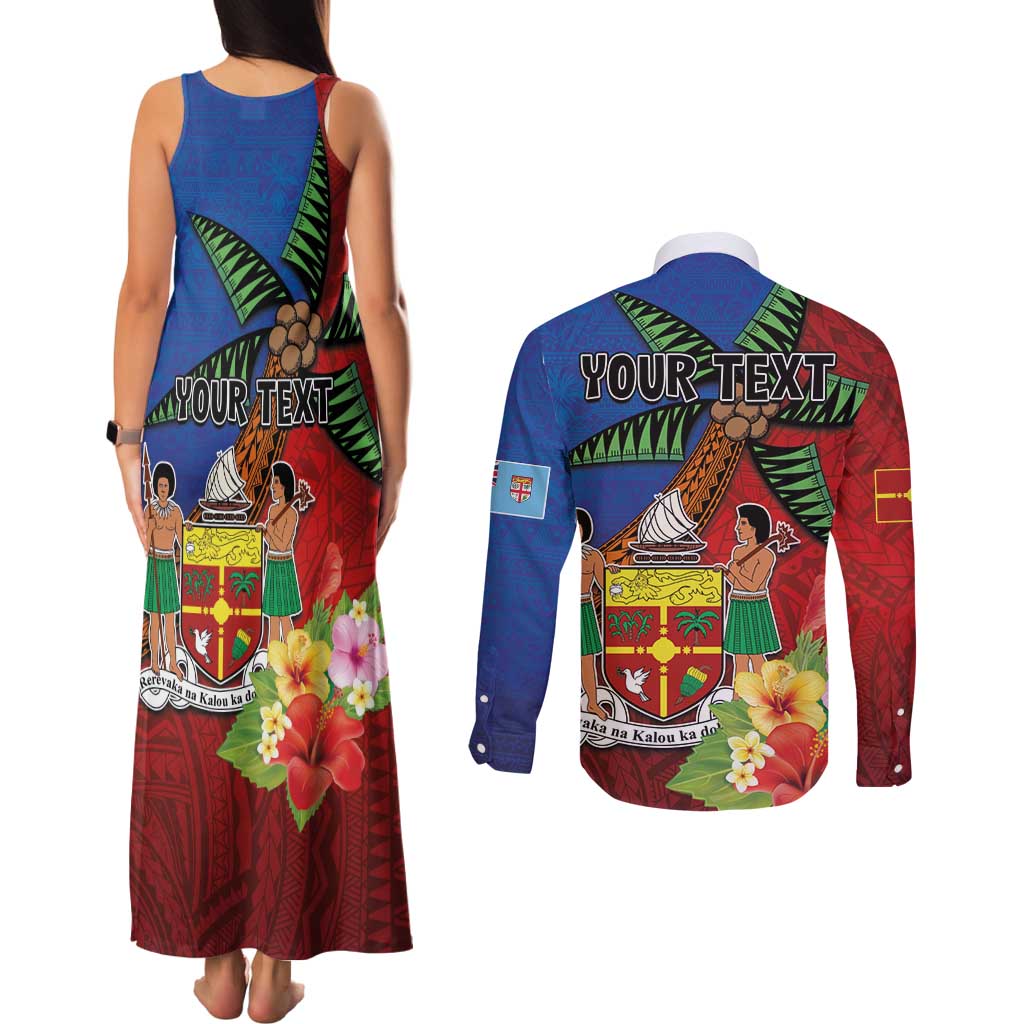 Personalised Fiji and Rotuma Together Couples Matching Tank Maxi Dress and Long Sleeve Button Shirt Fjian Masi and Pacific Pattern Mix Culture