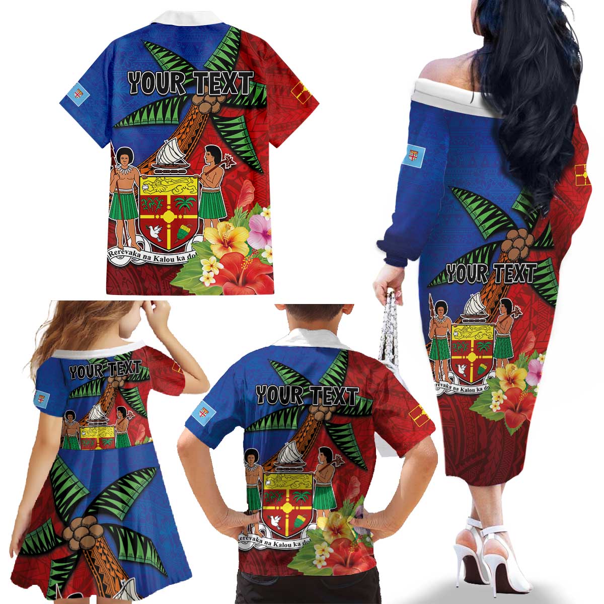 Personalised Fiji and Rotuma Together Family Matching Off The Shoulder Long Sleeve Dress and Hawaiian Shirt Fjian Masi and Pacific Pattern Mix Culture