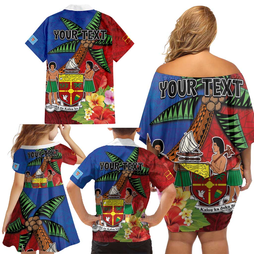 Personalised Fiji and Rotuma Together Family Matching Off Shoulder Short Dress and Hawaiian Shirt Fjian Masi and Pacific Pattern Mix Culture