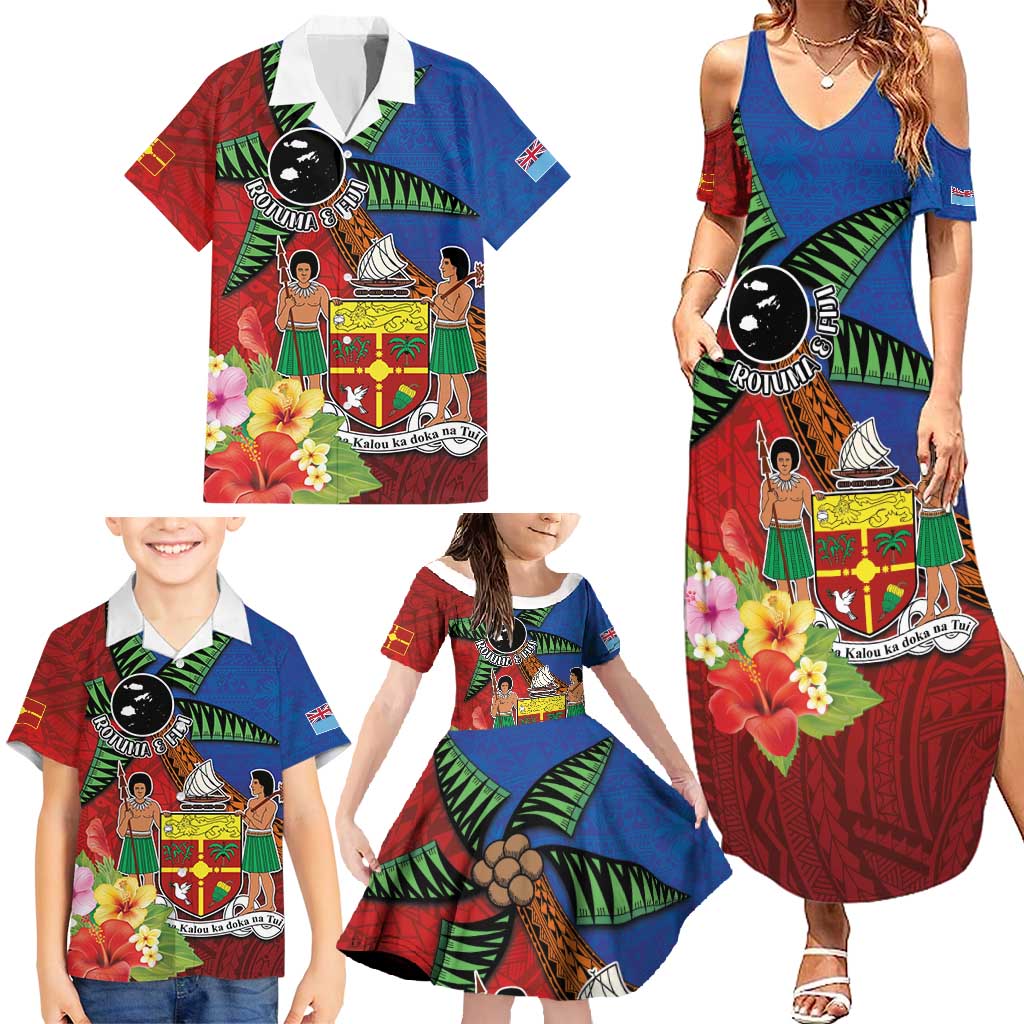 Personalised Fiji and Rotuma Together Family Matching Summer Maxi Dress and Hawaiian Shirt Fjian Masi and Pacific Pattern Mix Culture