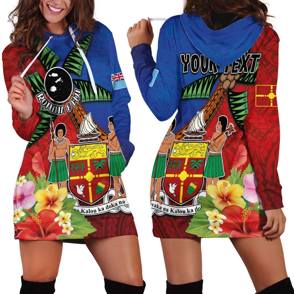 Personalised Fiji and Rotuma Together Hoodie Dress Fjian Masi and Pacific Pattern Mix Culture