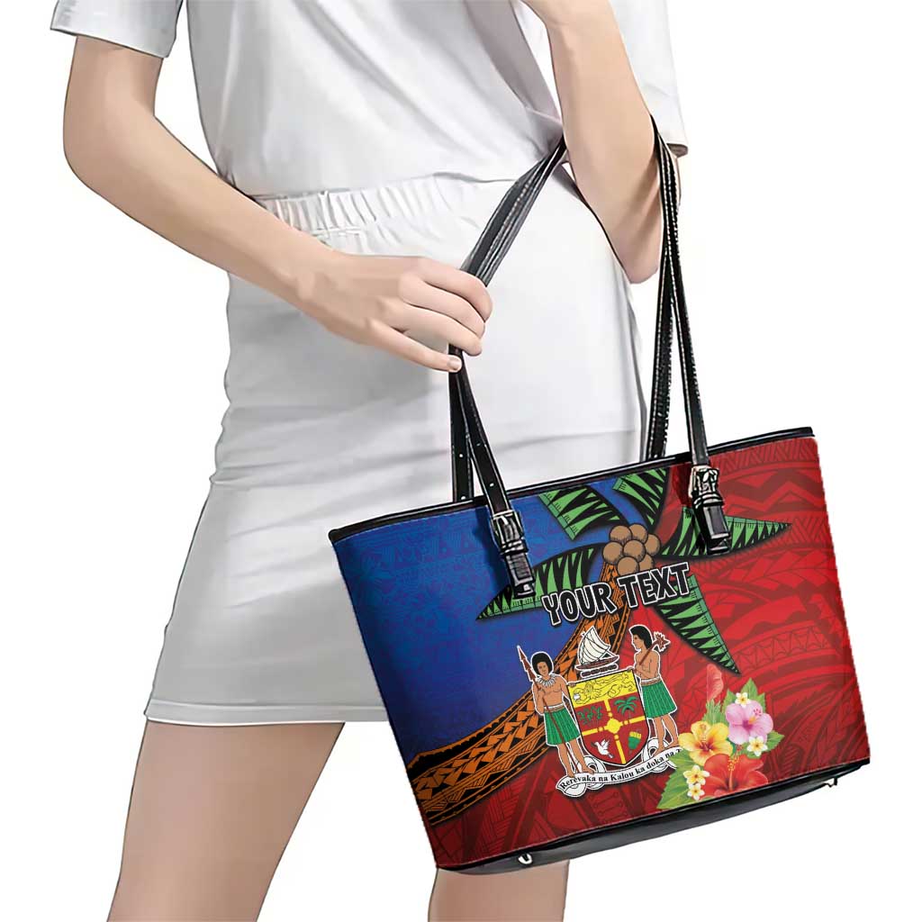 Personalised Fiji and Rotuma Together Leather Tote Bag Fjian Masi and Pacific Pattern Mix Culture