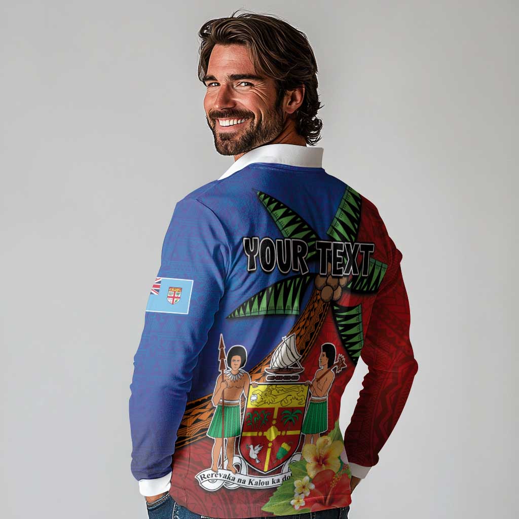 Personalised Fiji and Rotuma Together Long Sleeve Polo Shirt Fjian Masi and Pacific Pattern Mix Culture