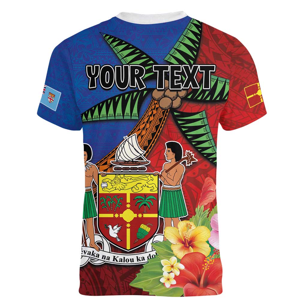 Personalised Fiji and Rotuma Together Women V-Neck T-Shirt Fjian Masi and Pacific Pattern Mix Culture