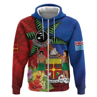 Personalised Fiji and Rotuma Together Zip Hoodie Fjian Masi and Pacific Pattern Mix Culture