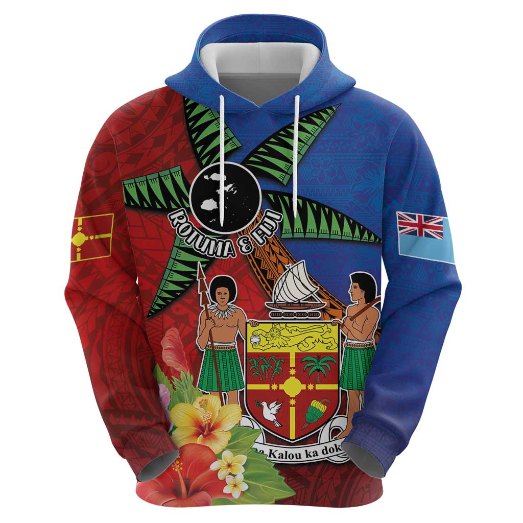 Personalised Fiji and Rotuma Together Zip Hoodie Fjian Masi and Pacific Pattern Mix Culture