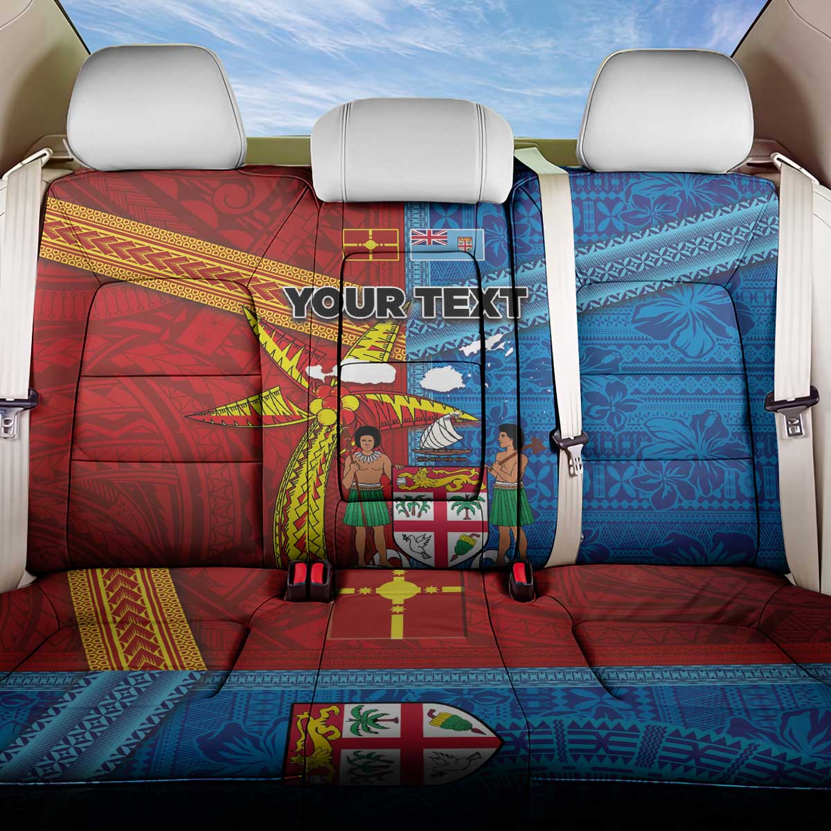 Personalised Fiji and Rotuma Together Back Car Seat Cover Tapa and Pacific Art Pattern with Cultural Emblems Half Style