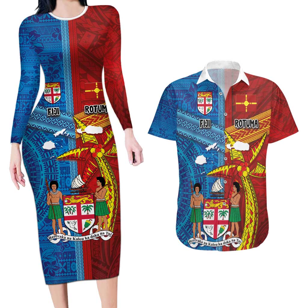 Personalised Fiji and Rotuma Together Couples Matching Long Sleeve Bodycon Dress and Hawaiian Shirt Tapa and Pacific Art Pattern with Cultural Emblems Half Style