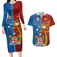 Personalised Fiji and Rotuma Together Couples Matching Long Sleeve Bodycon Dress and Hawaiian Shirt Tapa and Pacific Art Pattern with Cultural Emblems Half Style