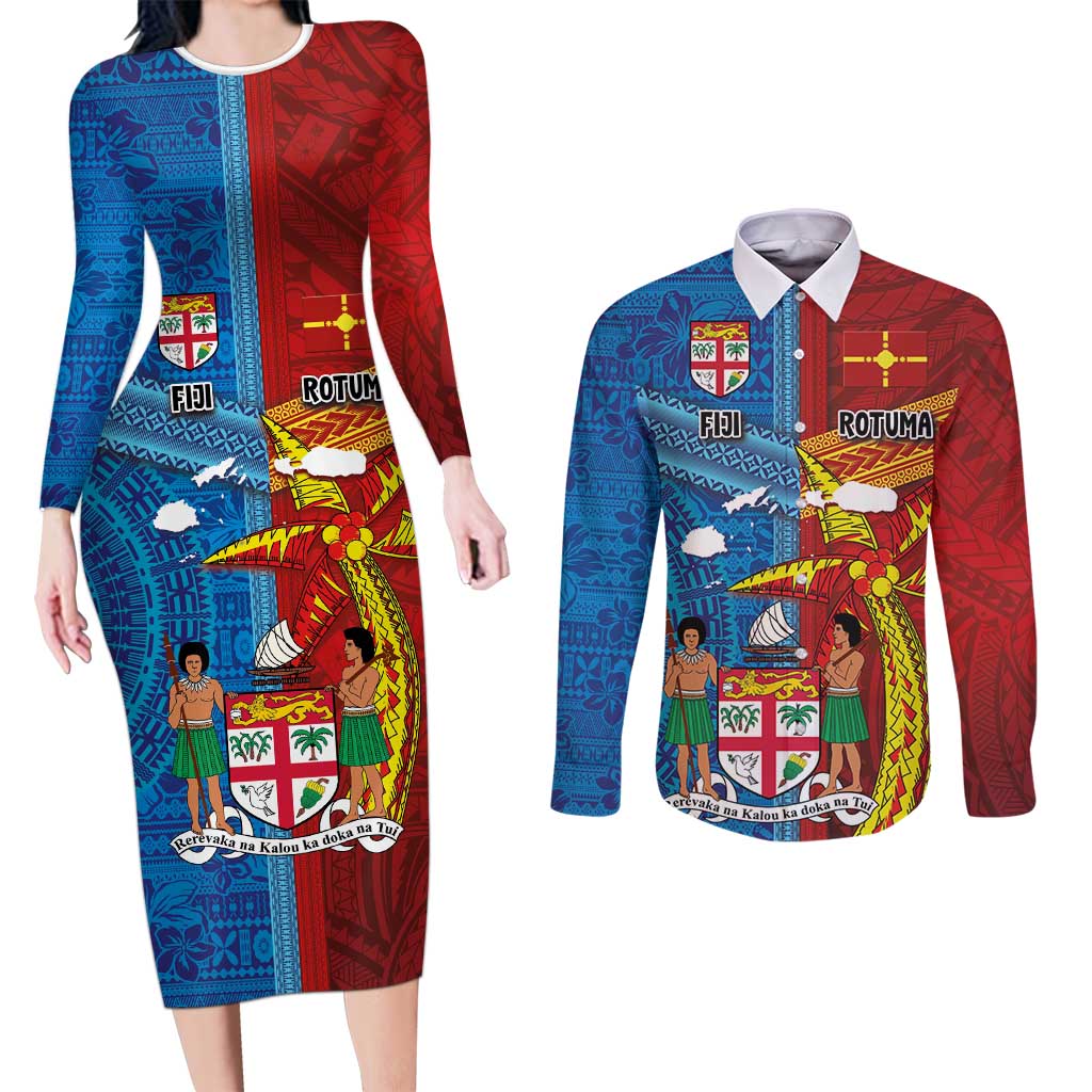 Personalised Fiji and Rotuma Together Couples Matching Long Sleeve Bodycon Dress and Long Sleeve Button Shirt Tapa and Pacific Art Pattern with Cultural Emblems Half Style