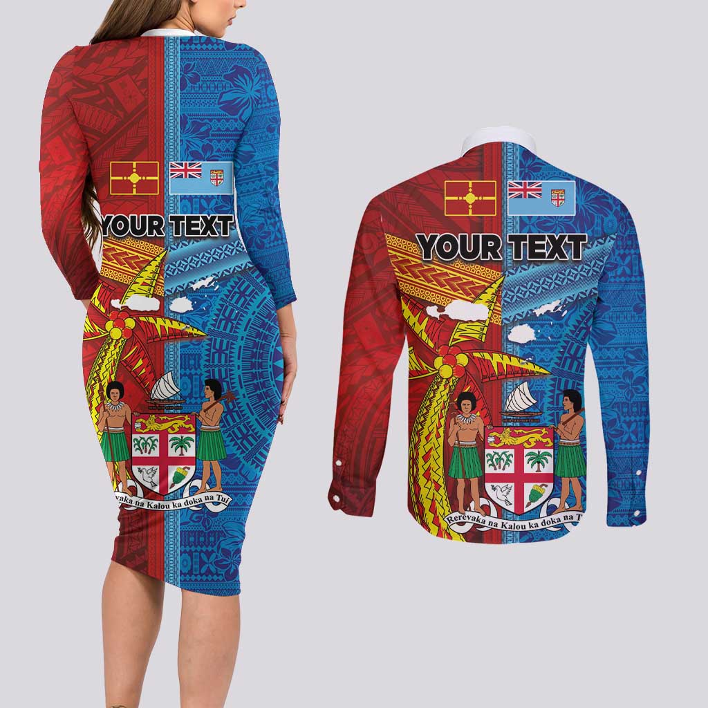 Personalised Fiji and Rotuma Together Couples Matching Long Sleeve Bodycon Dress and Long Sleeve Button Shirt Tapa and Pacific Art Pattern with Cultural Emblems Half Style