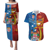 Personalised Fiji and Rotuma Together Couples Matching Puletasi and Hawaiian Shirt Tapa and Pacific Art Pattern with Cultural Emblems Half Style