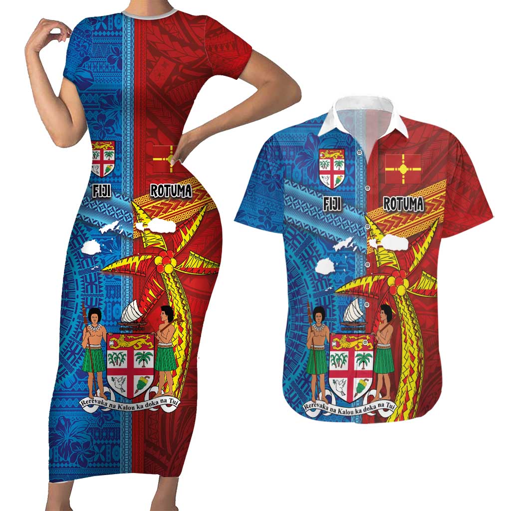 Personalised Fiji and Rotuma Together Couples Matching Short Sleeve Bodycon Dress and Hawaiian Shirt Tapa and Pacific Art Pattern with Cultural Emblems Half Style