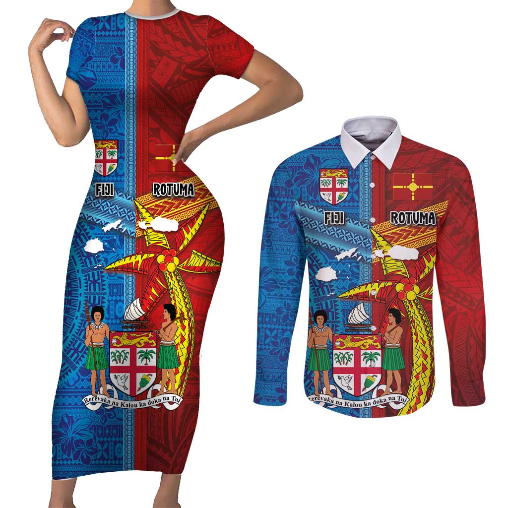 Personalised Fiji and Rotuma Together Couples Matching Short Sleeve Bodycon Dress and Long Sleeve Button Shirt Tapa and Pacific Art Pattern with Cultural Emblems Half Style