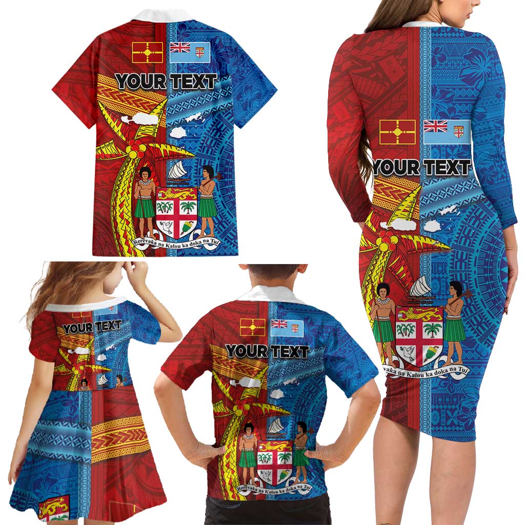 Personalised Fiji and Rotuma Together Family Matching Long Sleeve Bodycon Dress and Hawaiian Shirt Tapa and Pacific Art Pattern with Cultural Emblems Half Style