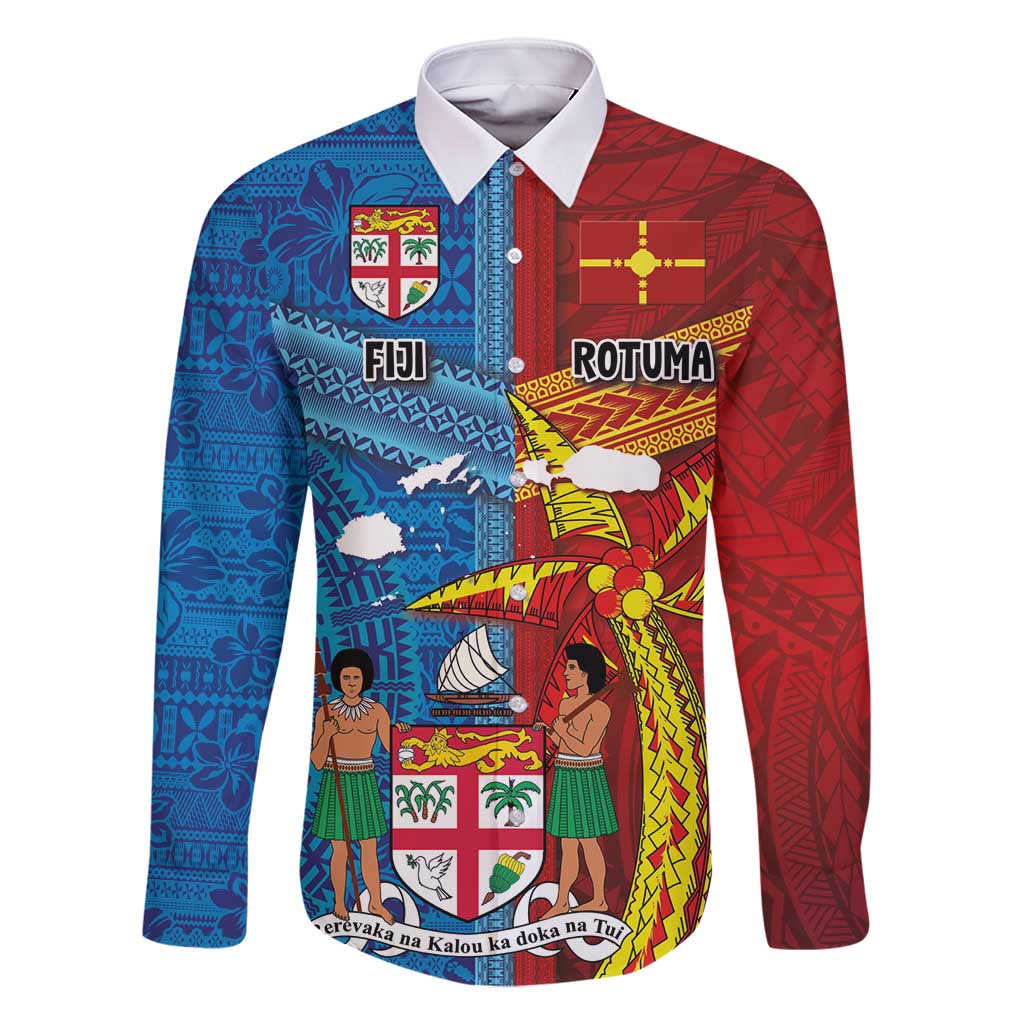 Personalised Fiji and Rotuma Together Family Matching Long Sleeve Bodycon Dress and Hawaiian Shirt Tapa and Pacific Art Pattern with Cultural Emblems Half Style