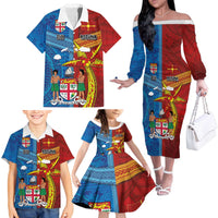 Personalised Fiji and Rotuma Together Family Matching Off The Shoulder Long Sleeve Dress and Hawaiian Shirt Tapa and Pacific Art Pattern with Cultural Emblems Half Style