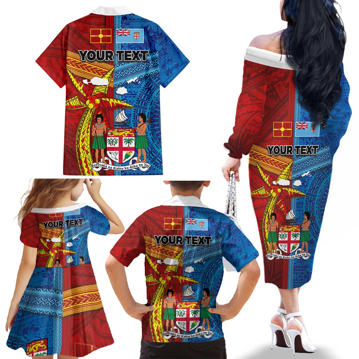 Personalised Fiji and Rotuma Together Family Matching Off The Shoulder Long Sleeve Dress and Hawaiian Shirt Tapa and Pacific Art Pattern with Cultural Emblems Half Style