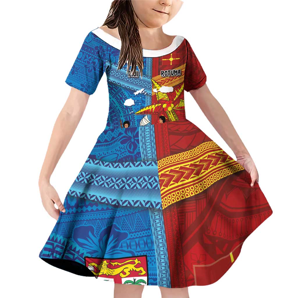 Personalised Fiji and Rotuma Together Family Matching Off Shoulder Short Dress and Hawaiian Shirt Tapa and Pacific Art Pattern with Cultural Emblems Half Style