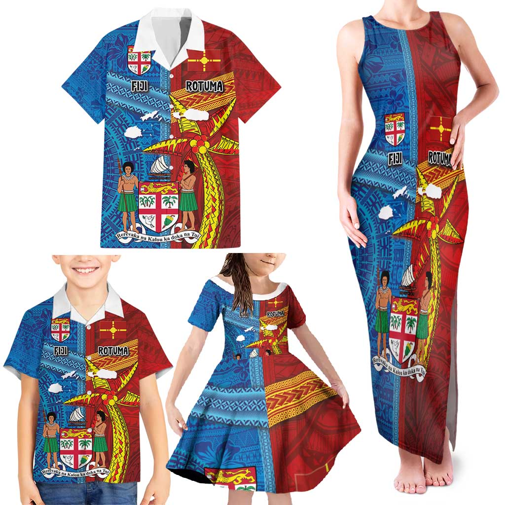 Personalised Fiji and Rotuma Together Family Matching Tank Maxi Dress and Hawaiian Shirt Tapa and Pacific Art Pattern with Cultural Emblems Half Style