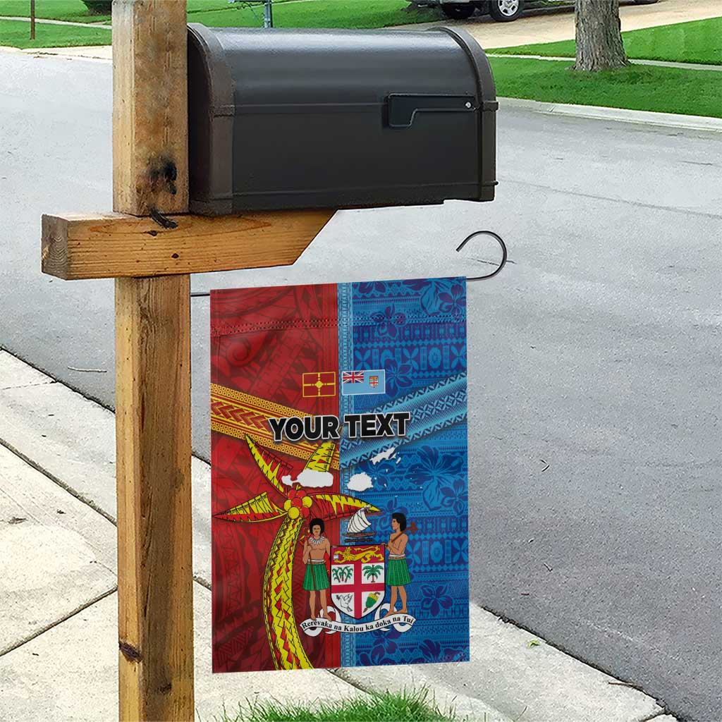 Personalised Fiji and Rotuma Together Garden Flag Tapa and Pacific Art Pattern with Cultural Emblems Half Style