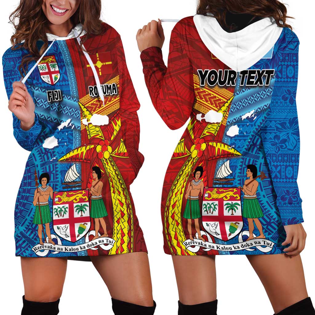 Personalised Fiji and Rotuma Together Hoodie Dress Tapa and Pacific Art Pattern with Cultural Emblems Half Style