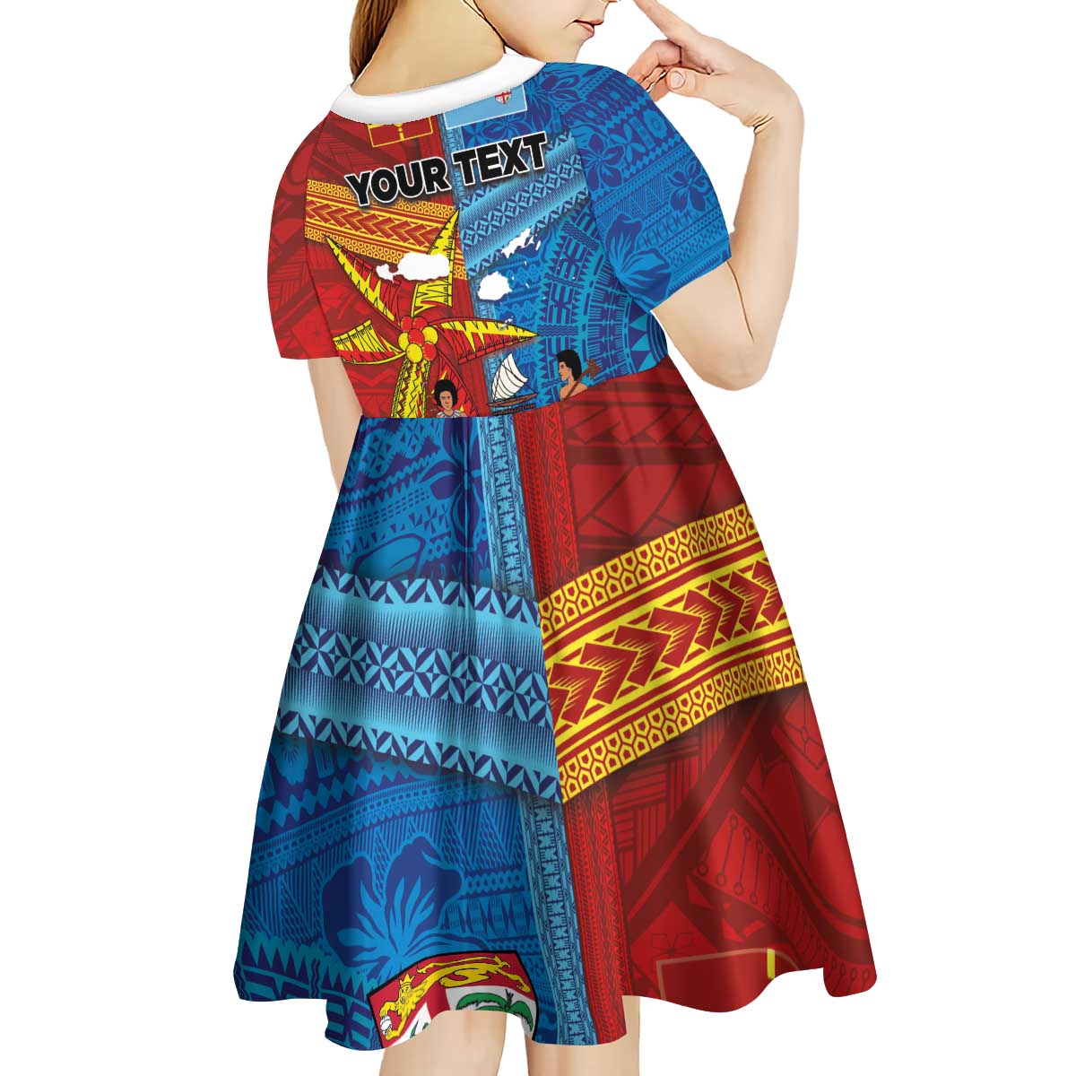 Personalised Fiji and Rotuma Together Kid Short Sleeve Dress Tapa and Pacific Art Pattern with Cultural Emblems Half Style