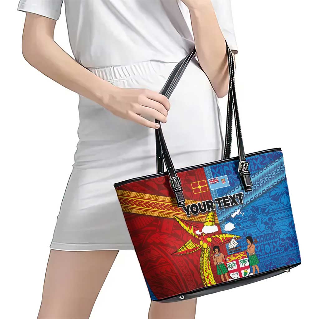 Personalised Fiji and Rotuma Together Leather Tote Bag Tapa and Pacific Art Pattern with Cultural Emblems Half Style