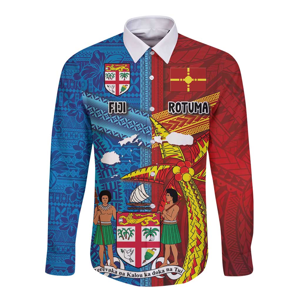 Personalised Fiji and Rotuma Together Long Sleeve Button Shirt Tapa and Pacific Art Pattern with Cultural Emblems Half Style