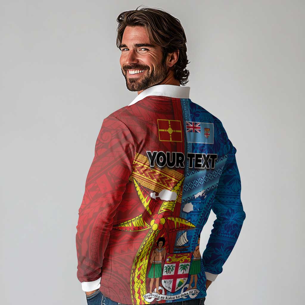Personalised Fiji and Rotuma Together Long Sleeve Polo Shirt Tapa and Pacific Art Pattern with Cultural Emblems Half Style