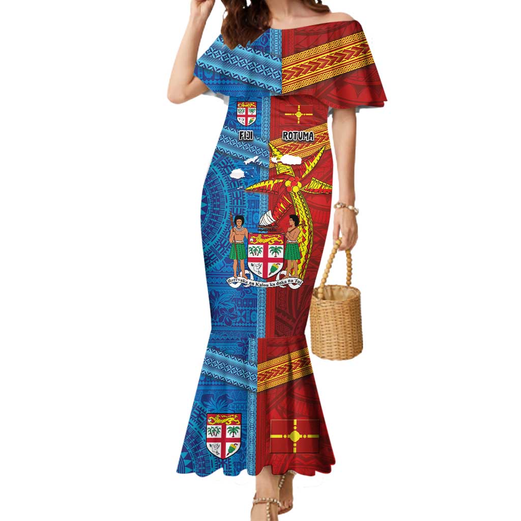 Personalised Fiji and Rotuma Together Mermaid Dress Tapa and Pacific Art Pattern with Cultural Emblems Half Style