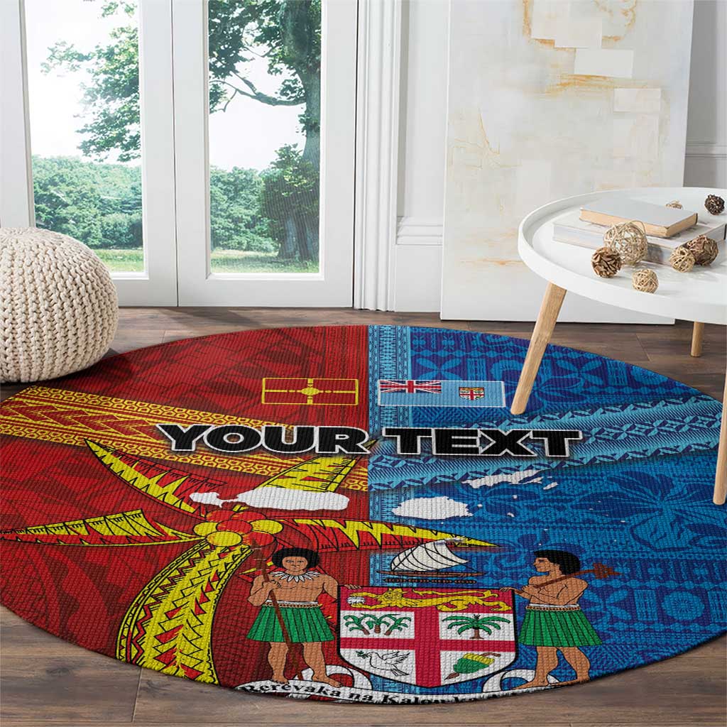Personalised Fiji and Rotuma Together Round Carpet Tapa and Pacific Art Pattern with Cultural Emblems Half Style